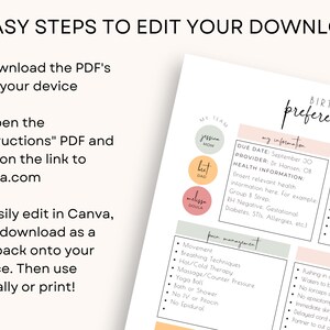 May include: A printable PDF guide for planning a birth with sections for your team, your information, pain management, and delivery preferences. The guide includes a due date, provider, health information, and a list of preferences for the birth experience.