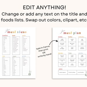May include: Printable meal planner with a colourful title and a list of meal ideas. The planner is divided into sections for breakfast, lunch, snacks, fruit, vegetables, and protein. The meal plan section is divided into days of the week with space to write in meals.