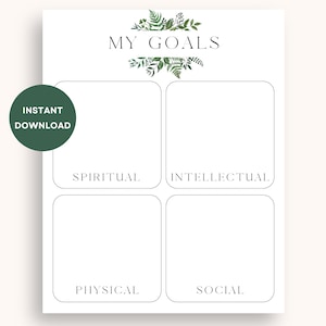 Puede incluir: Hoja de trabajo imprimible con un diseño floral verde y el texto "MY GOALS". La hoja de trabajo está dividida en cuatro secciones: "Espiritual", "Intelectual", "Físico" y "Social".