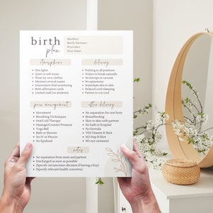May include: A printable birth plan checklist with sections for labor, delivery, after delivery, and notes. The checklist includes options for pain management, labor support, and postpartum care.