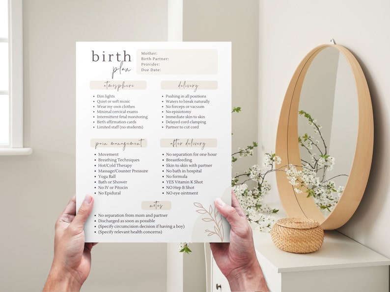 May include: A printable birth plan checklist with sections for labor, delivery, after delivery, and notes. The checklist includes options for pain management, labor support, and postpartum care.