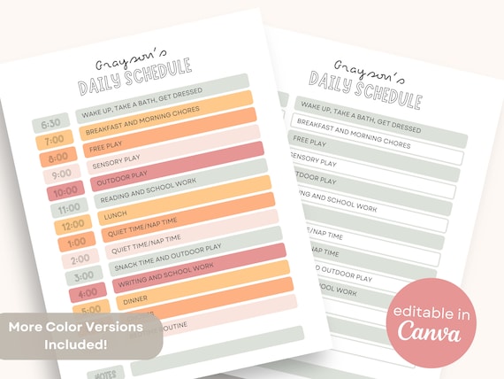 Kids Daily Schedule Editable Printable Template | Toddler Daily Routine Homeschool Schedule Daycare Stay at Home Simple School Planner