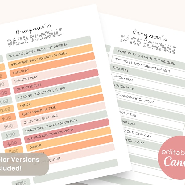 Kids Daily Schedule Editable Printable Template | Toddler Daily Routine Homeschool Schedule Daycare Stay at Home Simple School Planner