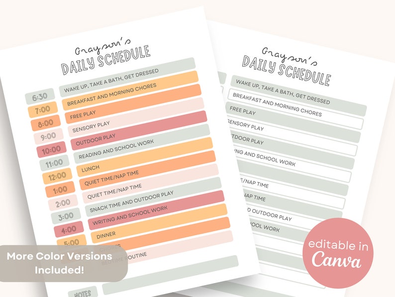 May include: Two printable daily schedule templates with a pastel color scheme. The schedules are labeled "Grayson's Daily Schedule" and include time slots for various activities like "Free Play," "Outdoor Play," and "Reading and School Work."