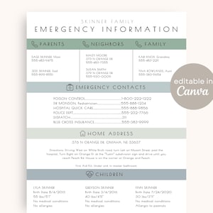 Emergency Information Sheet | Editable Emergency Contact Info Template on Canva | Babysitting Printable Babysitter Notes Nanny Fridge