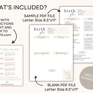 May include: A printable birth plan template in a beige and brown color scheme with a floral design. The template includes sections for labor, delivery, and after delivery. The text "birth plan" is written in a cursive font. The text "Instant Download" is written in a bold font.