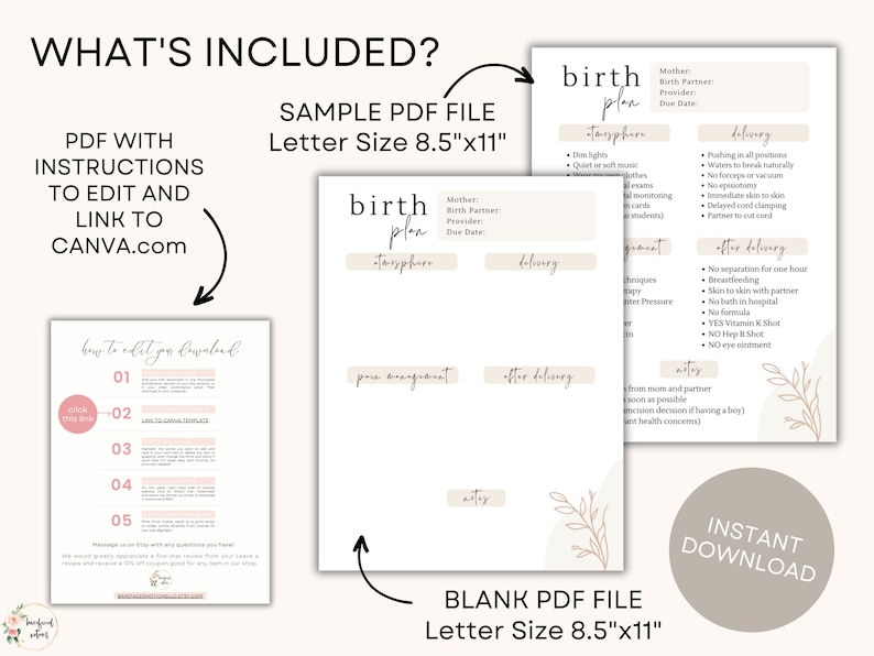 May include: A printable birth plan template in a beige and brown color scheme with a floral design. The template includes sections for labor, delivery, and after delivery. The text "birth plan" is written in a cursive font. The text "Instant Download" is written in a bold font.