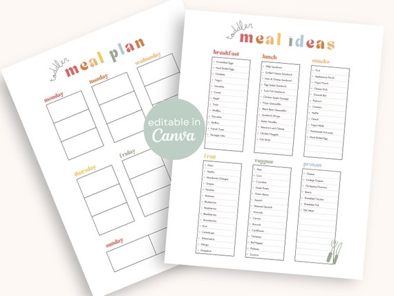 Toddler Meal Ideas + One Week Toddler Meal Plan Editable Printable | Food Planner Baby Led Weaning Eating Family Breakfast Lunch Dinner