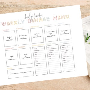 Weekly Dinner Menu Editable Printable | Family Meal Plan Rainbow ...