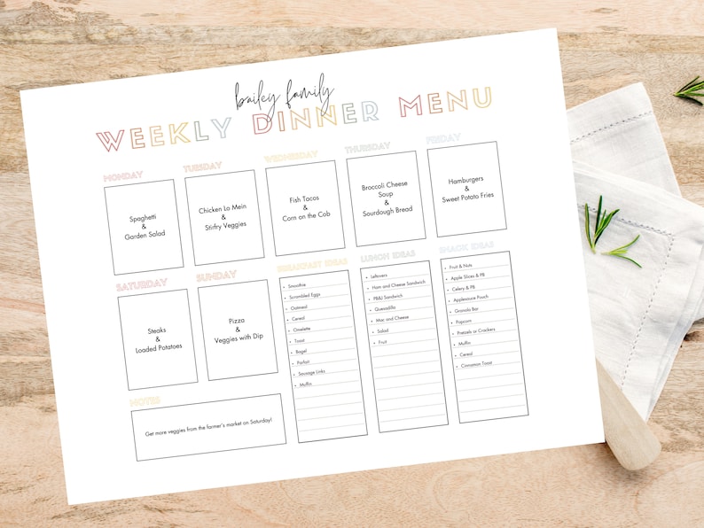 May include: A printed weekly dinner menu titled "Bailey Family Weekly Dinner Menu" with meal ideas for each day of the week. The menu includes breakfast, lunch, and snack ideas. The menu is on a white paper with a wooden background.