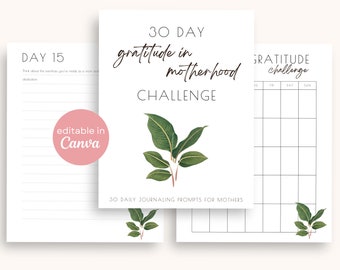 30 Day Gratitude in Motherhood Challenge | Daily Journal Prompts for Young Moms Postpartum Calendar Tracker Editable Printable Mindset