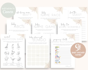 Baby Shower Games Set of 9 Editable Printable | Boho Minimalistic Modern Bingo Animal Gestation Emoji Pictionary Name Game Race Scramble B42