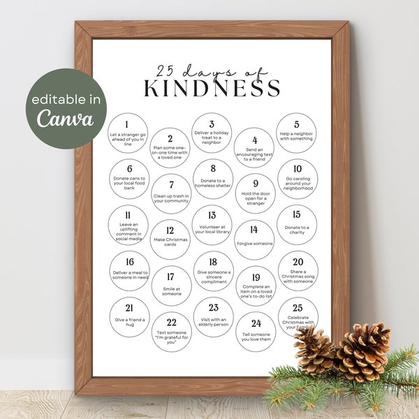 Christmas 25 Days of Kindness Editable Printable | Kids Activity December Advent Calendar Christmas Countdown Acts of Kindness Good Deeds