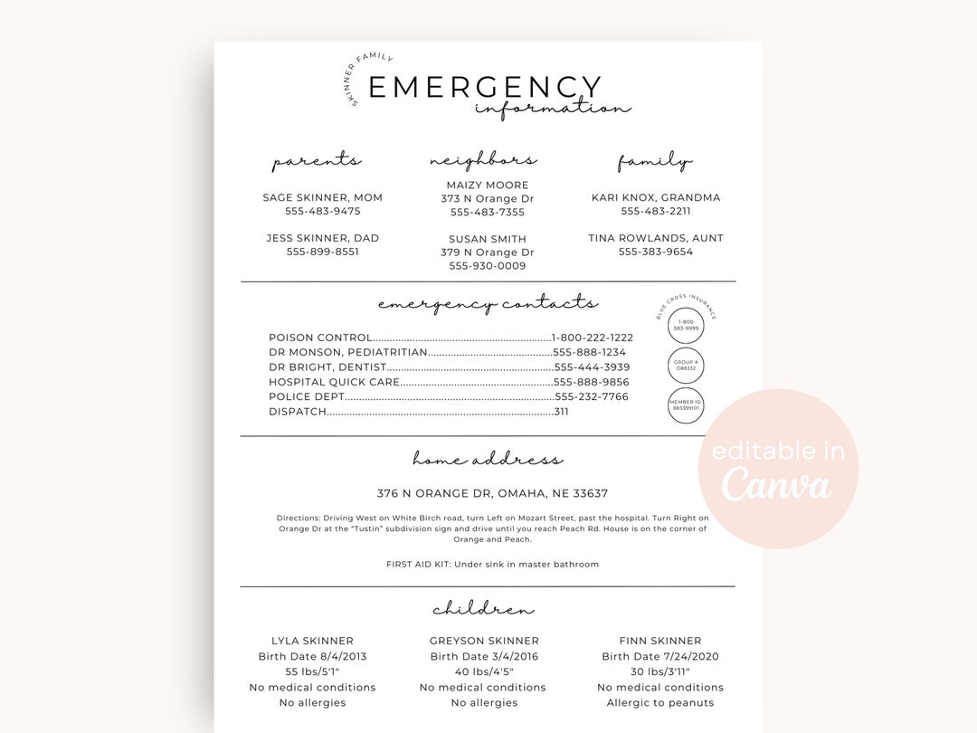 Emergency Information Sheet | Editable Emergency Contact Info Template ...