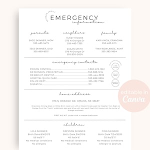 Fiche d'information d'urgence | Modèle d’informations de contact d’urgence modifiable sur Canva | Garde d'enfants minimaliste Notes de baby-sitter imprimables Nounou