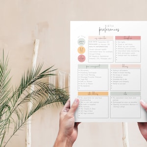 May include: A printable birth preferences checklist with sections for "My Information", "Labor Management", "Delivery", and "After Delivery". The checklist includes sections for the mother's due date, provider, and health information, as well as preferences for labor management, delivery, and after delivery.