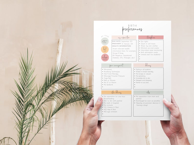 May include: A printable birth preferences checklist with sections for "My Information", "Labor Management", "Delivery", and "After Delivery". The checklist includes sections for the mother's due date, provider, and health information, as well as preferences for labor management, delivery, and after delivery.