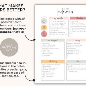 May include: A printable birth preferences checklist with sections for pain management, delivery, after delivery, and notes. The checklist includes a section for the due date, provider, and health information. The checklist is designed to help expectant parents communicate their preferences to their healthcare providers.