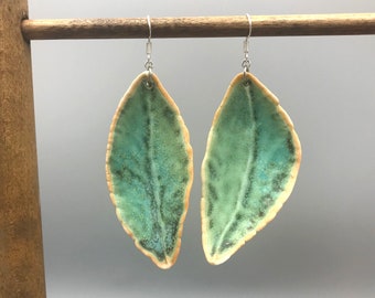 Assymetrical Turquoise Porcelain Earrings, Boho Long Leaf Earrings
