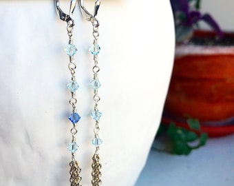 Blue Swarovski Crystal Beaded Earrings, Silver and Blue Dangle Earrings, Long Silver Earrings, Silver Chain Earrings