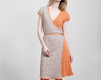 Pure cotton knitwear dress,  melange beige, orange & khaki, unique design relief pattern, limited edition inspired by Polish folk embroidery