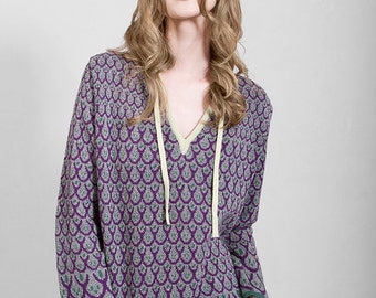 Pull jaquard à tricoter gris, longueur de hanche à manches longues, coton pur, motif ethno design unique, blouse ample, motif inspiré par le folk polonais