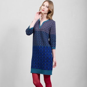 Merino wool knitwear dress, sapphire blue & green, comfortable mid-knee length, unique design, Polish folk pattern, highest quality yarn image 1