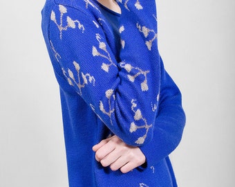 Knitwear sapphire blue tunic of soft jacquard, highest quality merino wool yarn, comfortable bell-shape, unique design Polish folk pattern