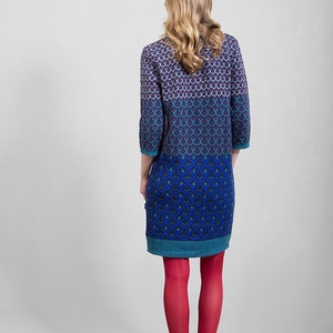 Merino wool knitwear dress, sapphire blue & green, comfortable mid-knee length, unique design, Polish folk pattern, highest quality yarn image 3