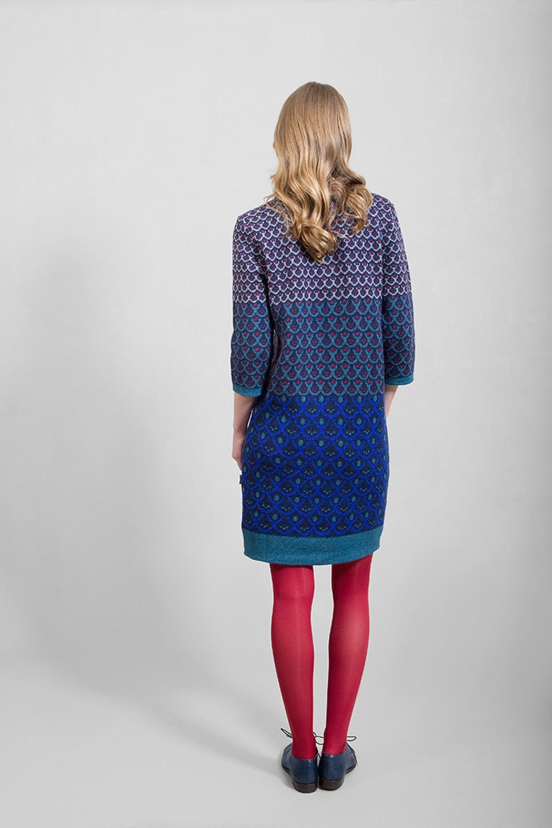 Merino wool knitwear dress, sapphire blue & green, comfortable mid-knee length, unique design, Polish folk pattern, highest quality yarn image 3