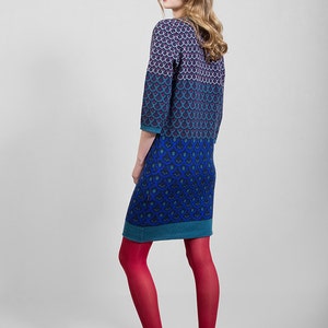 Merino wool knitwear dress, sapphire blue & green, comfortable mid-knee length, unique design, Polish folk pattern, highest quality yarn image 2
