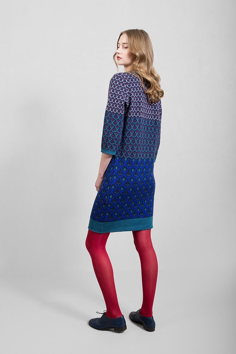 Merino wool knitwear dress, sapphire blue & green, comfortable mid-knee length, unique design, Polish folk pattern, highest quality yarn image 2