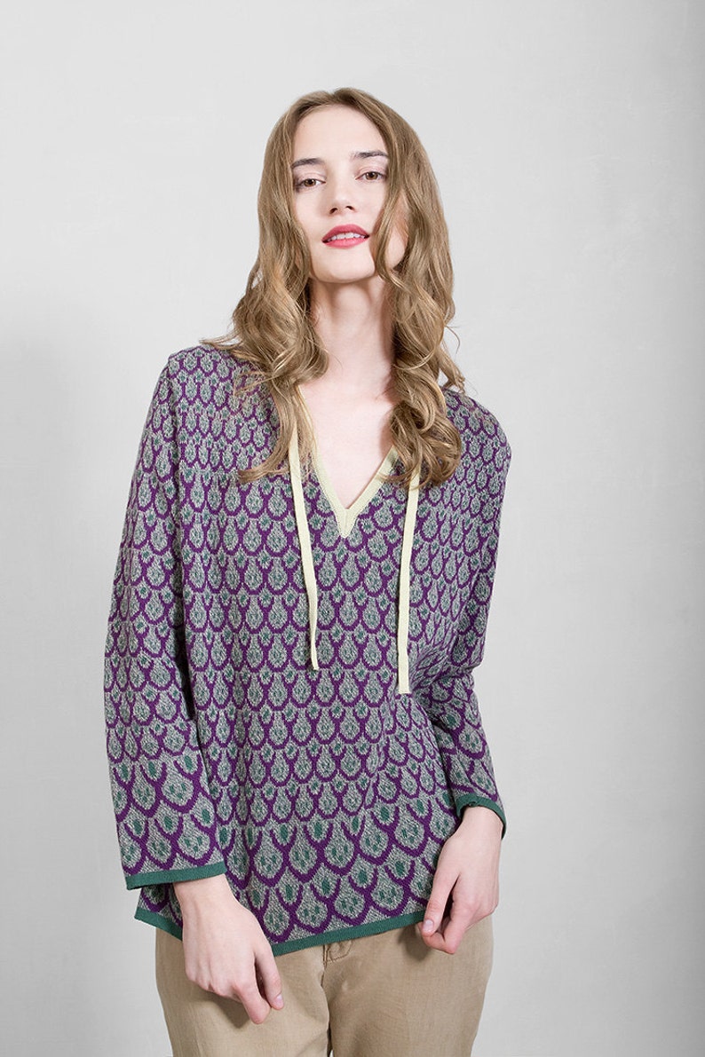 Grey knitting jaquard sweater, long sleeves hip lenght, pure cotton, unique design ethno pattern, loose blouse, Polish folk inspired motive image 1