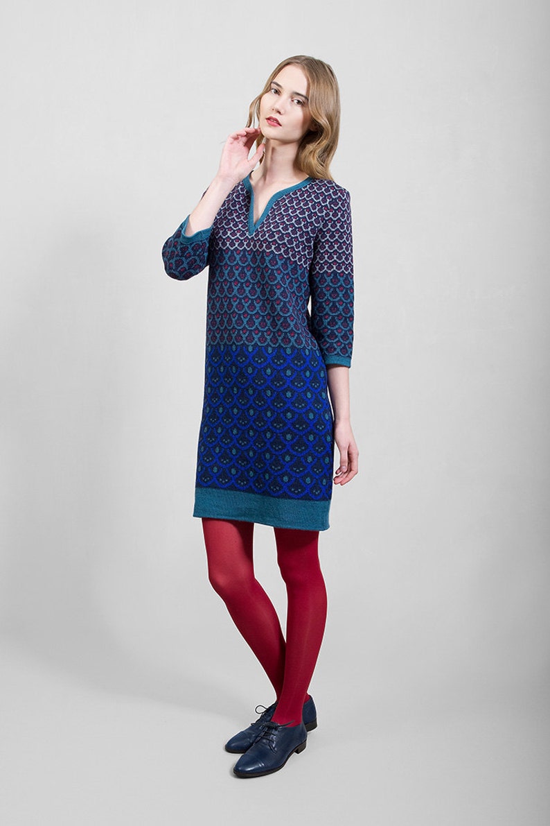 Merino wool knitwear dress sapphire blue & green comfortable image 1