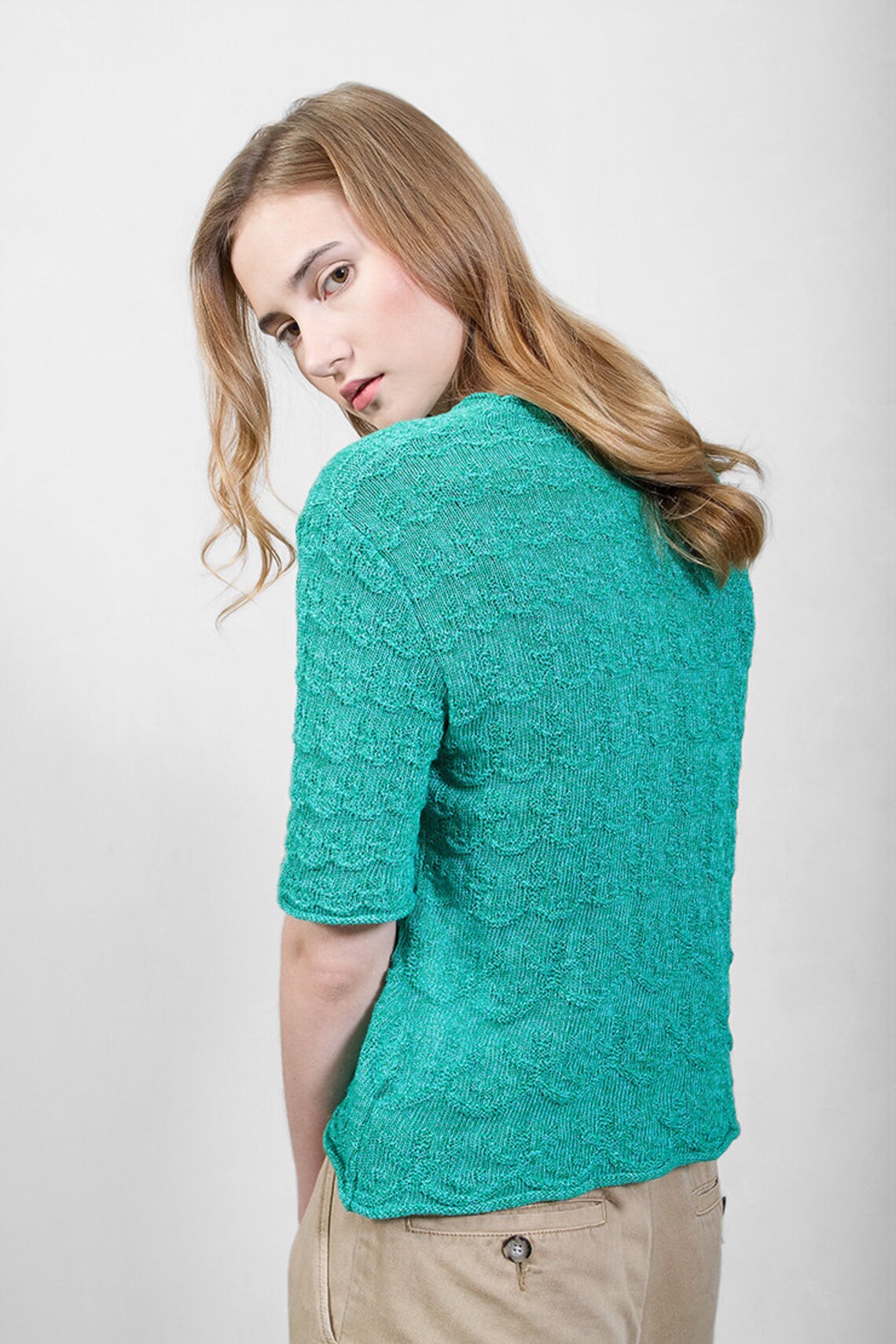 Knitwear Tshirt, Intense Green, Soft Cotton, Short Sleeves, Relief