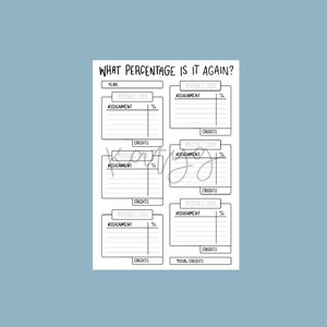 May include: A black and white printable planner page with the title "What Percentage Is It Again?"  The page is divided into sections for year, module code, assignment, credits, and total credits.