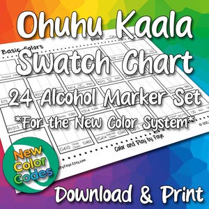 Nya siffror Ohuhu Kaala 24 färgprovsdiagram för Chisel Tip Art Marker Set | DIY utskrivbar PDF-färgkarta färgprovsida | US Letter- och A4-storlek