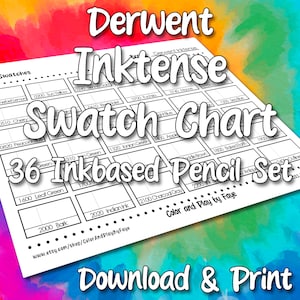 Puede incluir: Una carta de muestra imprimible en blanco y negro para el juego de lápices a base de tinta Derwent Inktense de 36 piezas. La carta incluye el nombre y el número de cada color, como 0510 Cherry, 1600 Leaf Green y 2000 Bark. La carta está diseñada para ser utilizada como referencia de color y para la organización.