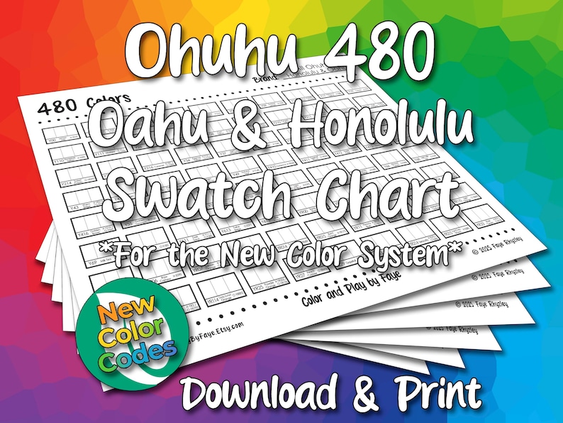 May include: A white paper swatch chart for Ohuhu 480 Oahu & Honolulu markers, featuring a grid layout for color samples. The text reads Ohuhu 480 Oahu & Honolulu Swatch Chart, For the New Color System, New Color Codes, and Download & Print.