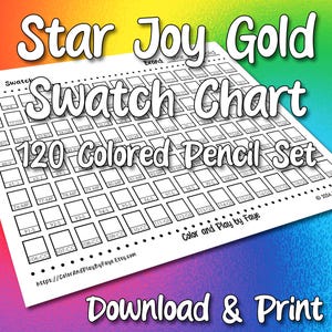 スタージョイ ゴールド 120 色鉛筆セット用スウォッチチャート | DIY 印刷可能な PDF カラーチャート スウォッチページ | US レター & A4 サイズ用紙