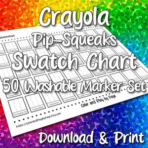 May include: A printable chart for Crayola Pip-Squeaks Washable Markers. The chart has 50 squares for color swatches and the text "50 Swatches", "Crayola Pip-Squeaks Swatch Chart", "50 Washable Marker Set", "Color and Play by Faye", and "https://ColorAndPlayByFaye.Etsy.com".