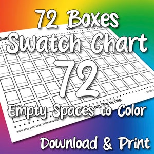 Tabela de Amostras 72 para Lápis de Cor ou Outras Mídias | Página de Amostra de Tabela de Cores em PDF para Impressão DIY | Papel Tamanho Carta EUA e A4