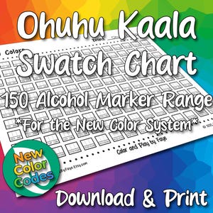 May include: A white swatch chart for Ohuhu Kaala alcohol markers, featuring 150 colors. The chart includes the text "Swatch Chart" and "150 Alcohol Marker Range." A circular graphic reads "New Color Codes." The background is a gradient of colors.