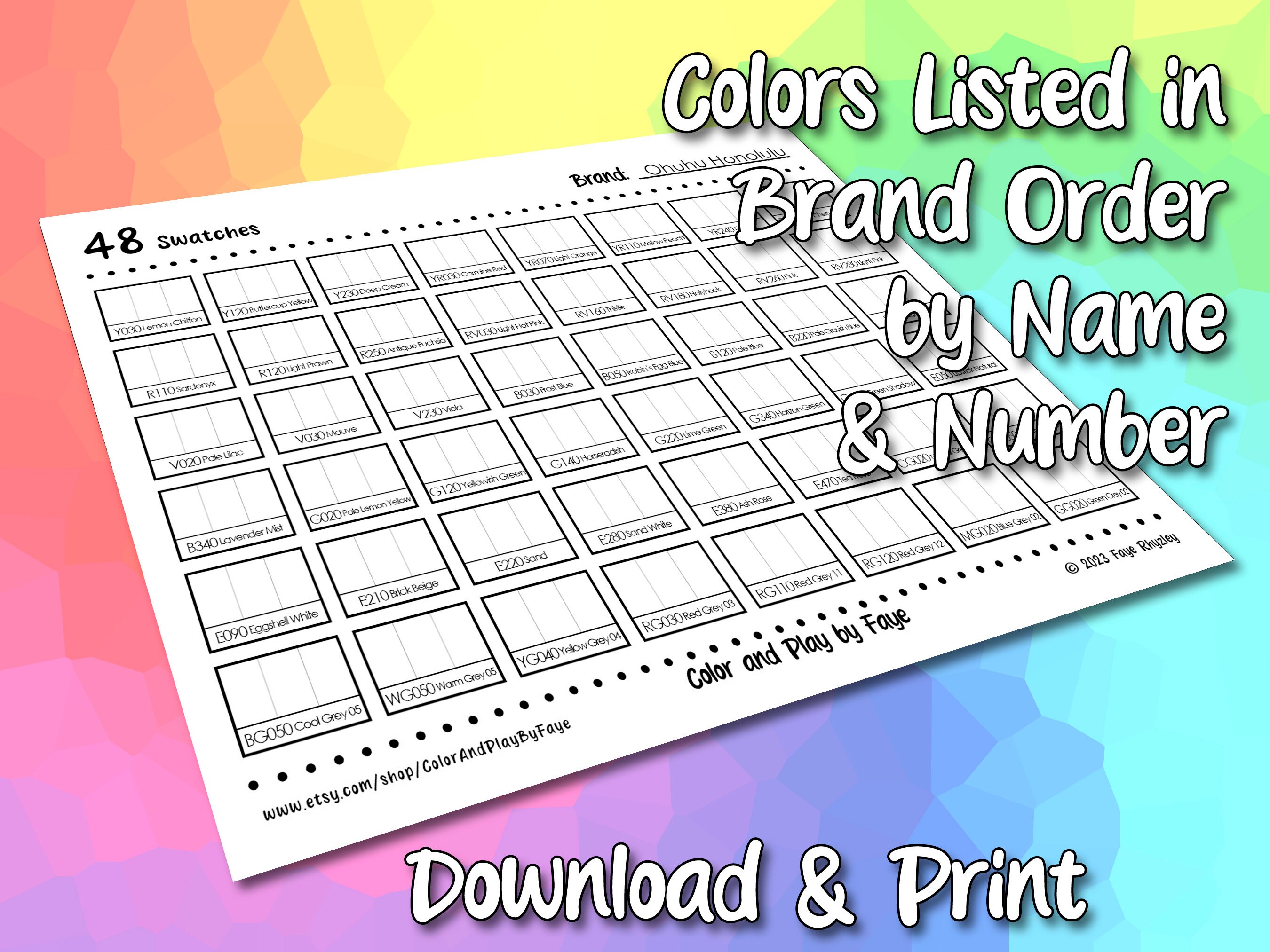 Ohuhu Honolulu 48 Pastel Marker Swatch Blank Chart Printable DIY Color