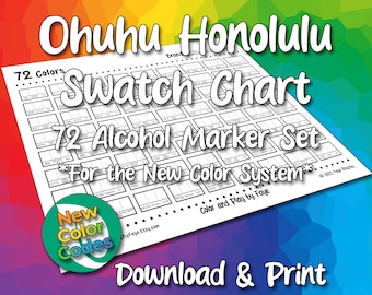 Nuevos números Ohuhu Honolulu 72 Tabla de muestras para juego de marcadores de alcohol con punta de pincel / Página de muestras de color imprimible en PDF para hacer tú mismo / Carta estadounidense y A4