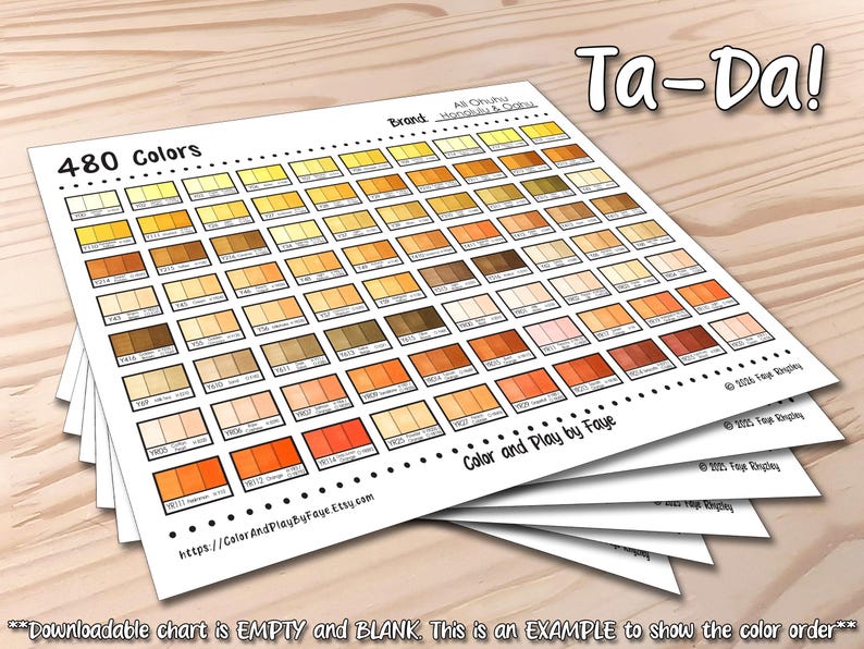 May include: A color swatch chart titled 480 Colors with the text Ta-Da! and Brand: Honolulu & Oahu. The chart features a grid of small rectangular boxes in various shades of yellow, orange, brown, and red, with the text Color and Play by Faye.