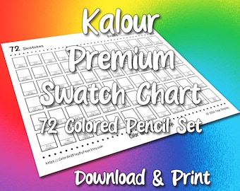 Kalour 72 Swatch Chart for Premium Colored Pencil Set | DIY Printable PDF Color Chart Swatch Page | US Letter & A4 Size Paper