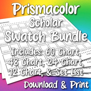 Può includere: Un set di tabelle di campioni stampabili Prismacolor Scholar Swatch Bundle. Il pacchetto include tabelle di 60, 48, 24 e 12 colori, nonché un elenco di set. Scarica e stampa queste tabelle per organizzare le tue matite Prismacolor.