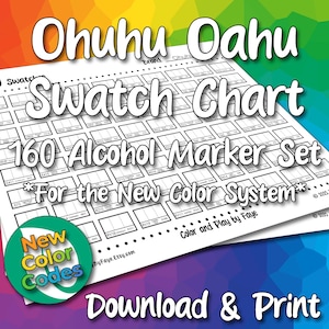 Könnte beinhalten: Ein weißes Farbmuster für 160 Alkoholmarker mit einem Raster von Farbfeldern. Das Diagramm enthält den Text "Ohuhu Oahu Swatch Chart" und "160 Alcohol Marker Set". Eine kreisförmige Grafik zeigt "New Color Codes".