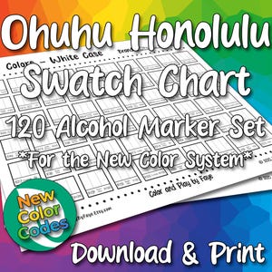 May include: A white swatch chart for Ohuhu Honolulu 120 alcohol markers. The chart includes boxes for color swatches and the text "120 Alcohol Marker Set For the New Color System". A circular graphic reads "New Color Codes".
